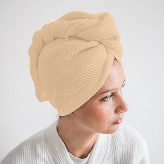 Pure Cotton Waffle Hair Wrap Towel - Beige