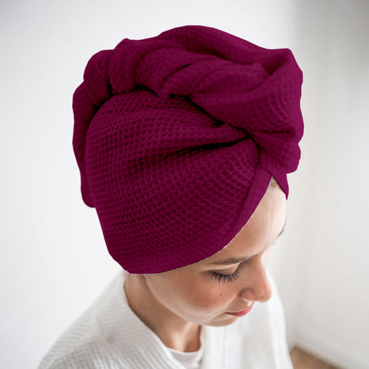 Pure Cotton Waffle Hair Wrap Towel - Wine