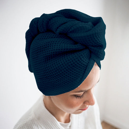 Pure Cotton Waffle Hair Wrap Towel - Navy Blue