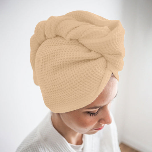 Pure Cotton Waffle Hair Wrap Towel - Beige