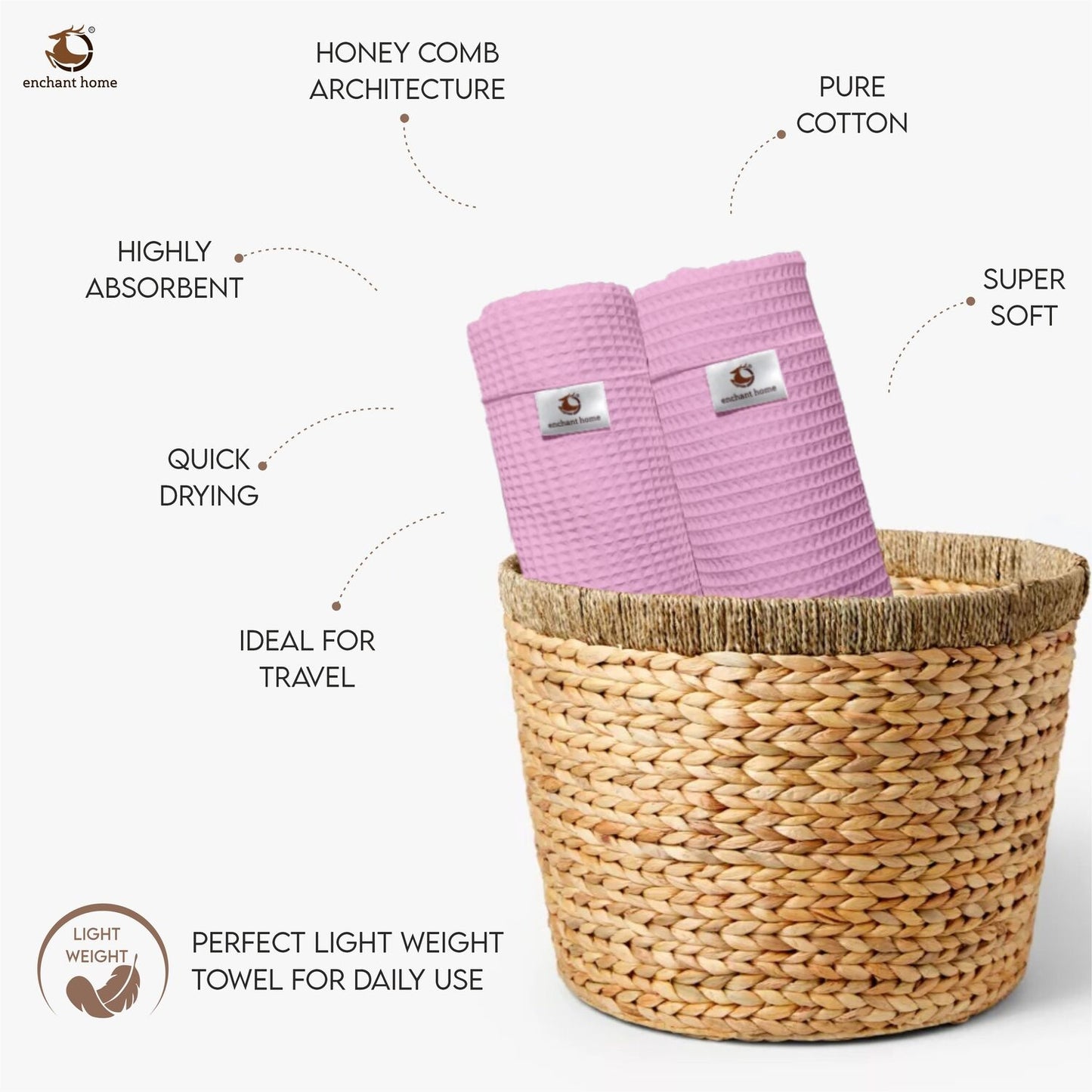 Pure Cotton Waffle Hand Towels - Pink