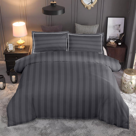 Customizable Cotton Dyed Elysian Satin Stripes Fitted Bedsheet- Dark Grey