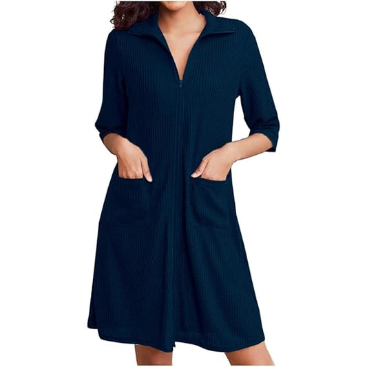 Pure Cotton Waffle Knit Zipper Bathrobes for Women - Navy Blue
