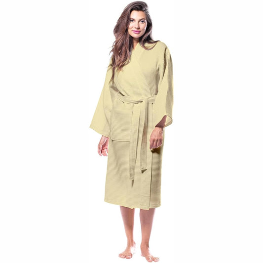 Pure Cotton Unisex Waffle Bath Robe - Light Yellow