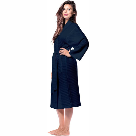 Pure Cotton Unisex Waffle Bath Robe - Navy Blue