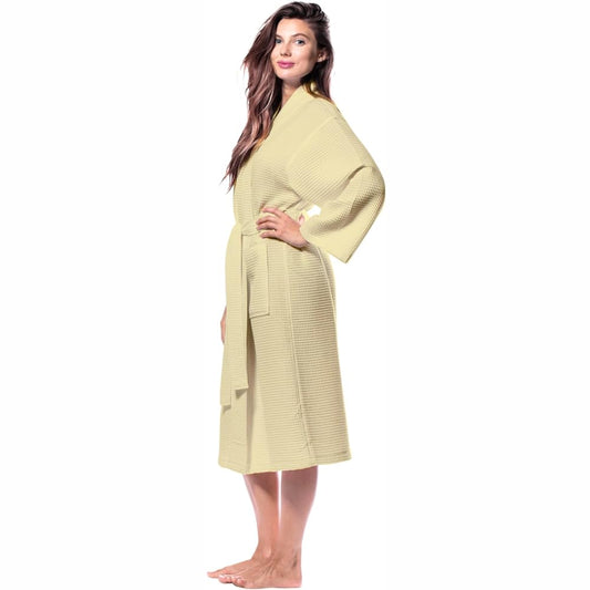 Pure Cotton Unisex Waffle Bath Robe - Light Yellow