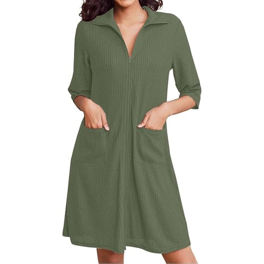 Pure Cotton Waffle Knit Zipper Bathrobes for Women - Sage Green