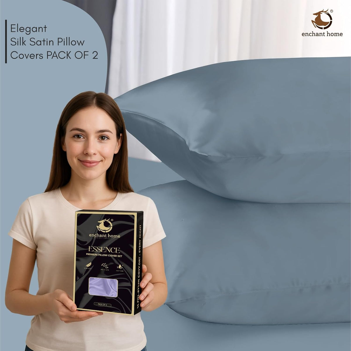300 TC Art Silk Satin Pillow Cover Set - Coral Blue