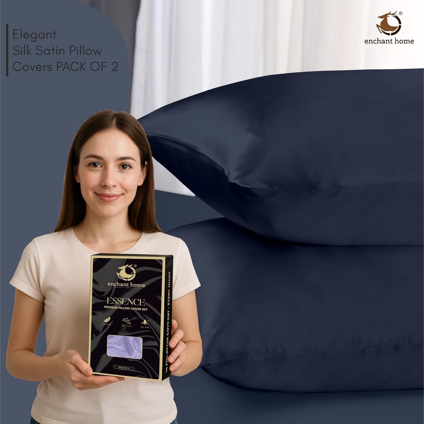 300 TC Art Silk Satin Pillow Cover Set - Navy Blue