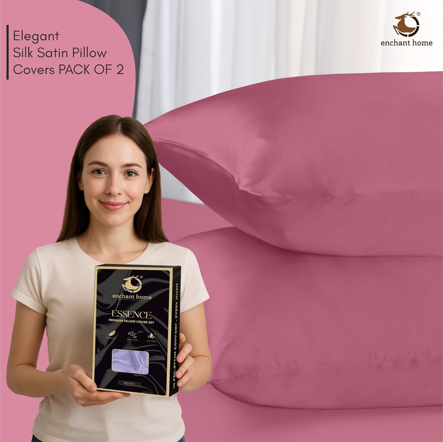 300 TC Art Silk Satin Pillow Cover Set - Pink
