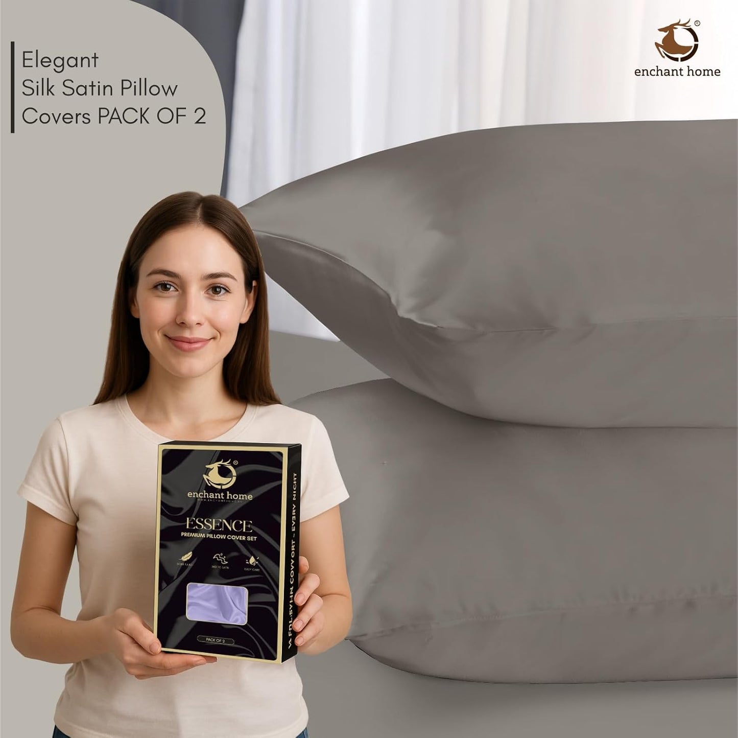 300 TC Art Silk Satin Pillow Cover Set - Grey