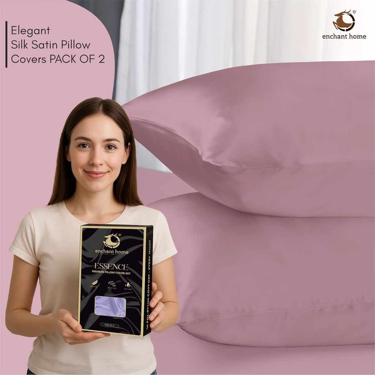 300 TC Art Silk Satin Pillow Cover Set - Rose