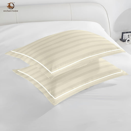 Customizable Pure Cotton 300 TC Striped Pillow Cover Set - Ivory