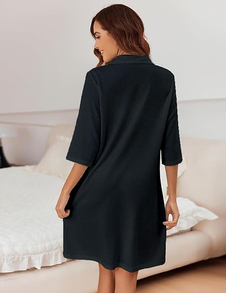 Pure Cotton Waffle Knit Zipper Bathrobes for Women - Charcoal