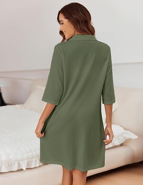 Pure Cotton Waffle Knit Zipper Bathrobes for Women - Sage Green