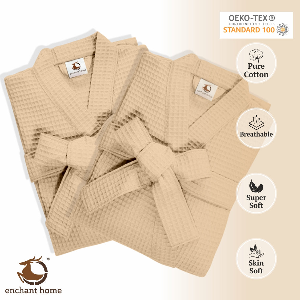 Beige cotton waffle bathrobe folded view