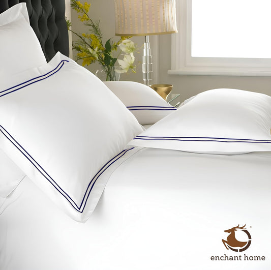 Customizable Pure Cotton 500 TC Premium Pillow Cover Set - White-Navy Blue