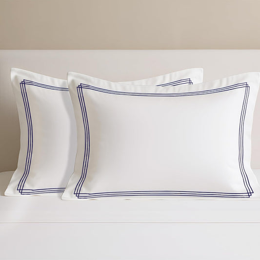 Pure Cotton 500 TC Premium Pillow Cover Set - White Triple Navy Blue