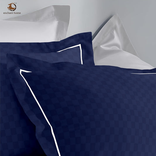Pure Cotton 300 TC Checkered Pillow Cover Set - Navy Blue