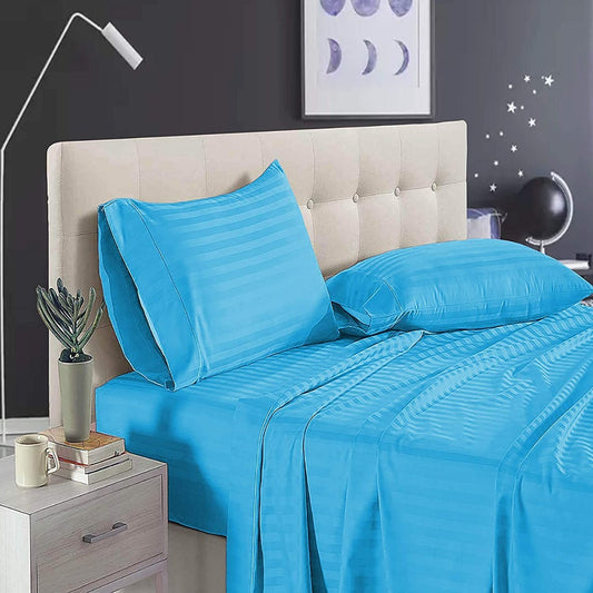 Pure Cotton Satin Stripe King Bedsheet - Sky Blue