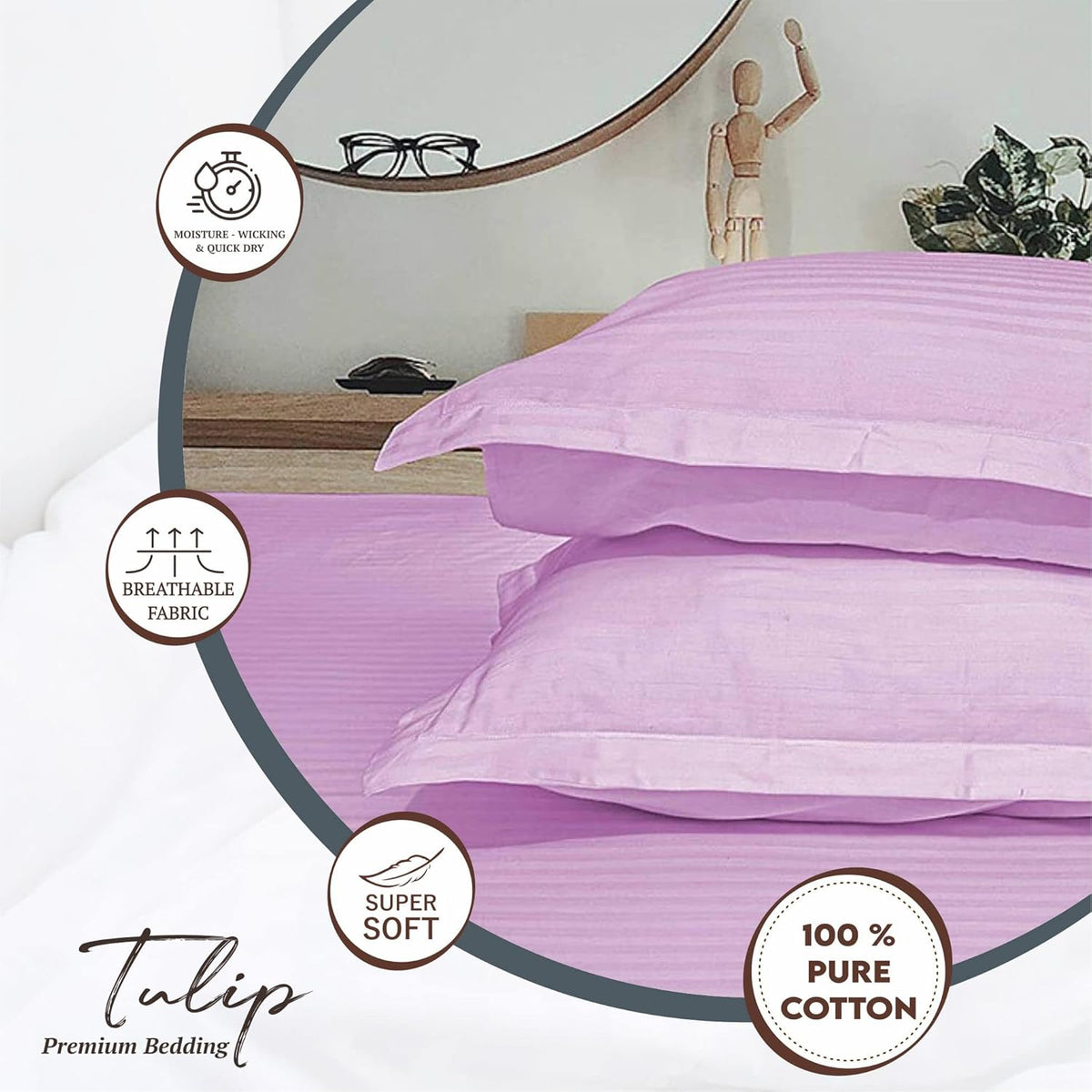 Pure Cotton Pillow Covers with Satin Stripe - Pink