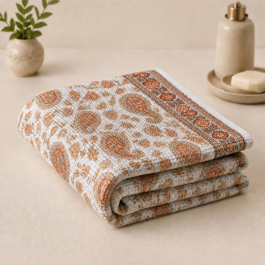 Pure Cotton Printed Waffle Bath Towel - Paisley Charm