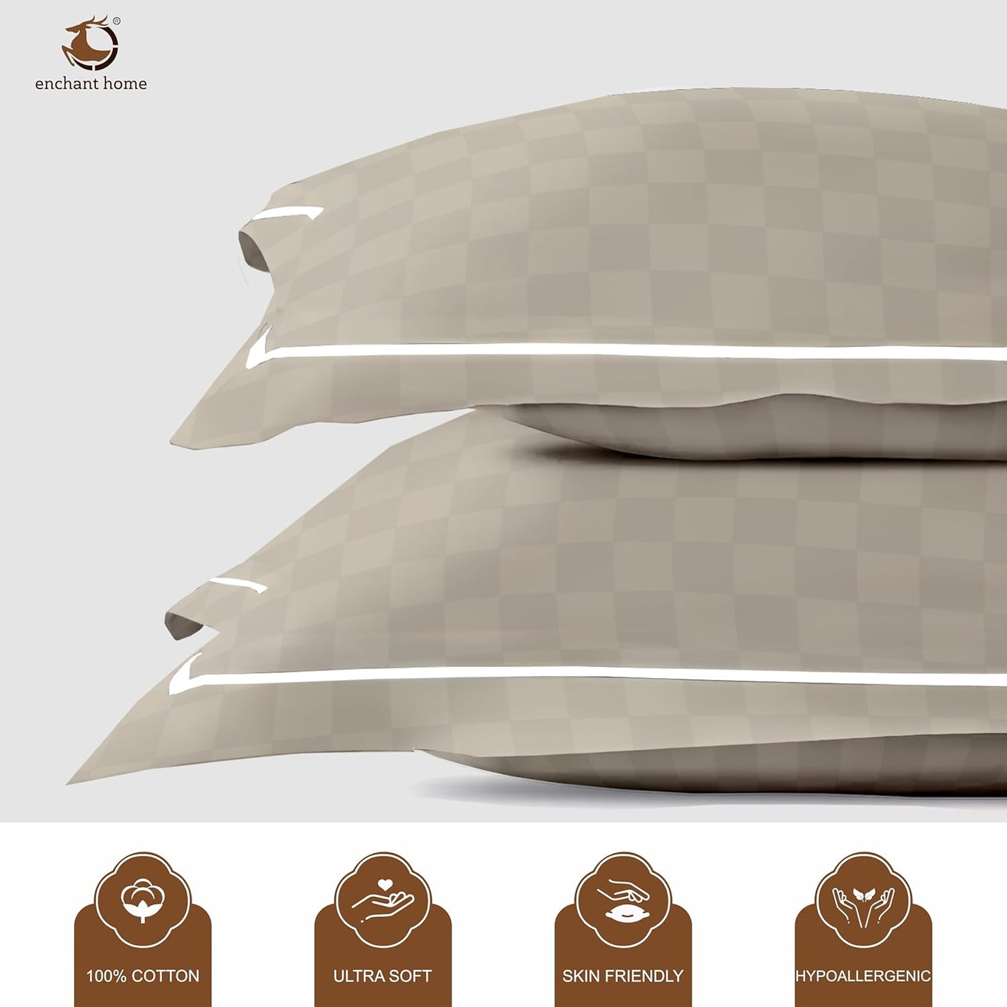 Pure Cotton 300 TC Checkered Pillow Cover Set - Beige