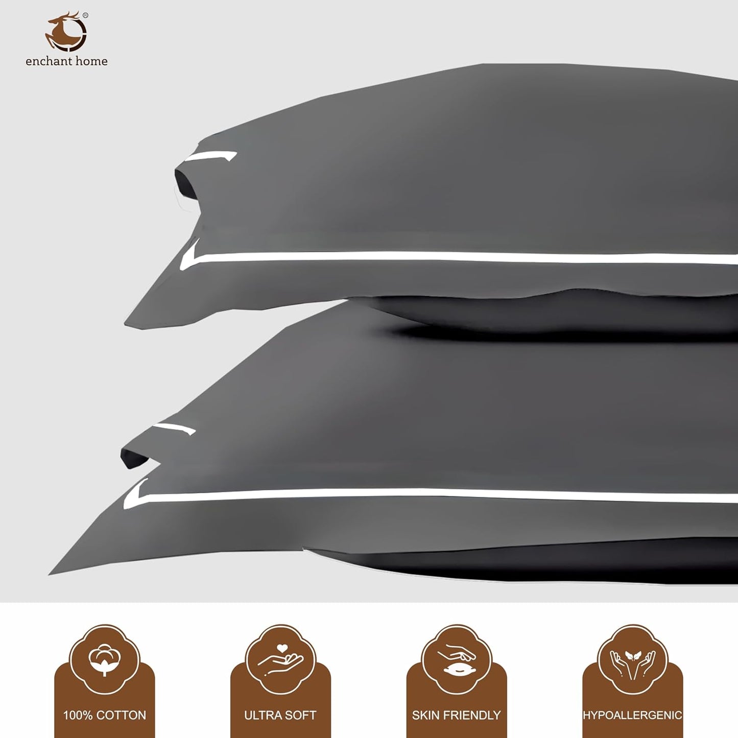 Pure Cotton 300 TC Solid Pillow Cover Set - Dark Grey