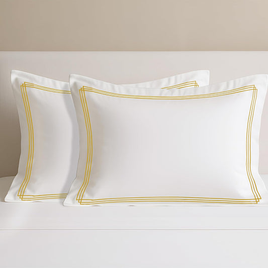 Pure Cotton 500 TC Premium Pillow Cover Set - White Triple Golden