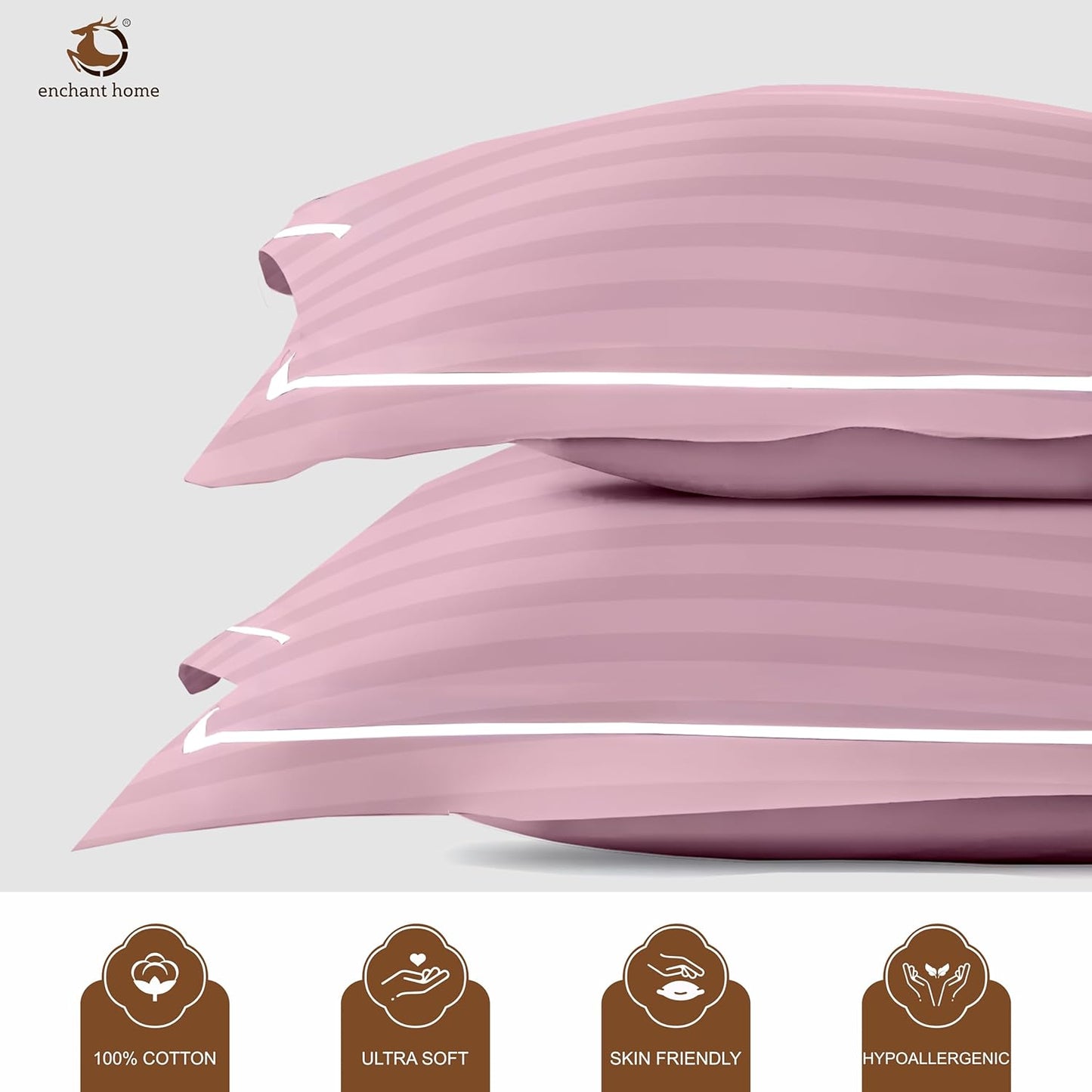 Pure Cotton 300 TC Striped Pillow Cover Set - Cameo Rose
