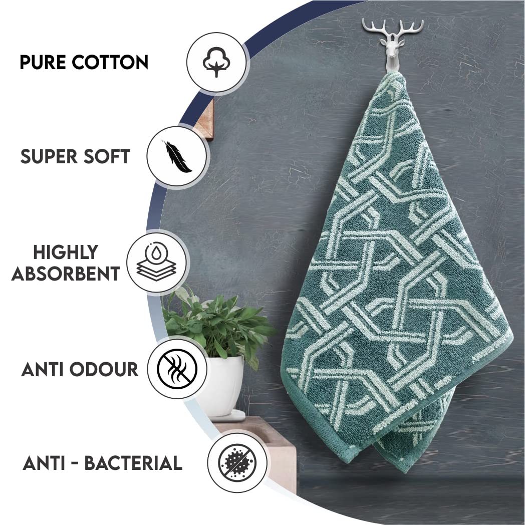 Pure Cotton Jacquard Hand Towels - Geometric green