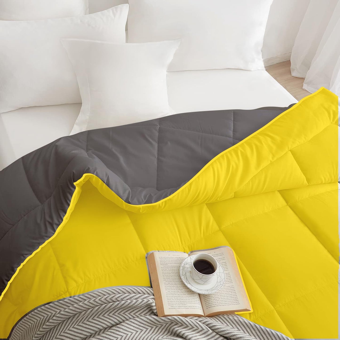 Yellow and grey microfiber AC comforter fabric close-up