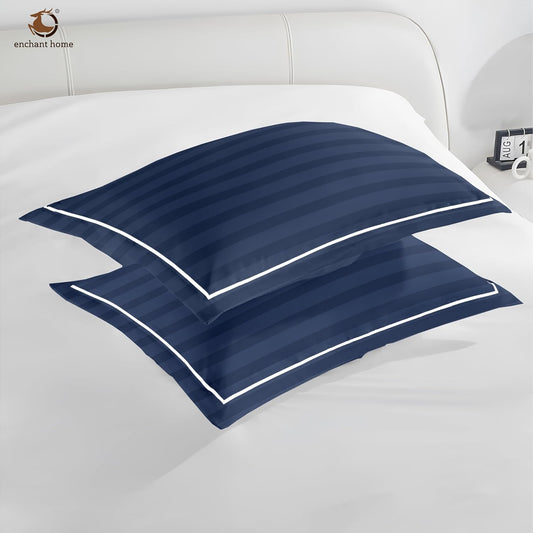 Pure Cotton 300 TC Striped Pillow Cover Set - Navy Blue
