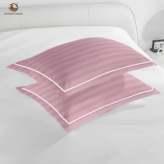 Customizable Pure Cotton 300 TC Striped Pillow Cover Set - Cameo Rose