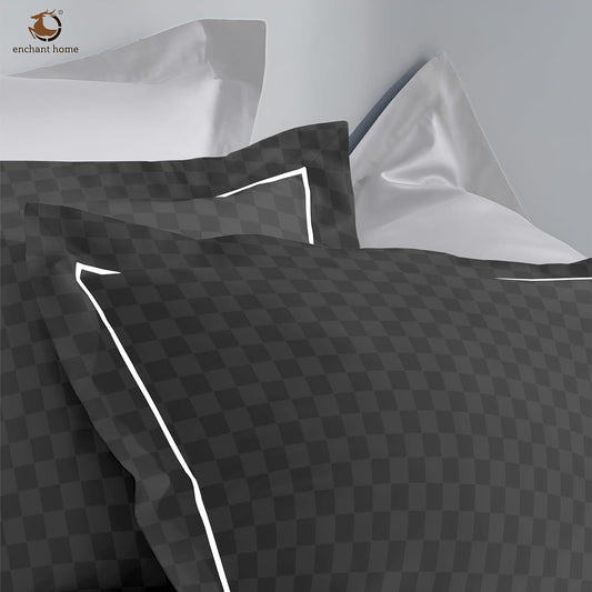 Pure Cotton 300 TC Checkered Pillow Cover Set - Dark Grey
