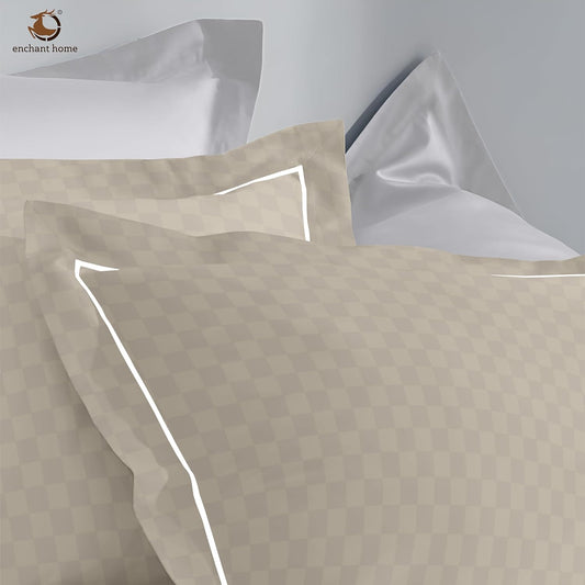 Pure Cotton 300 TC Checkered Pillow Cover Set - Beige