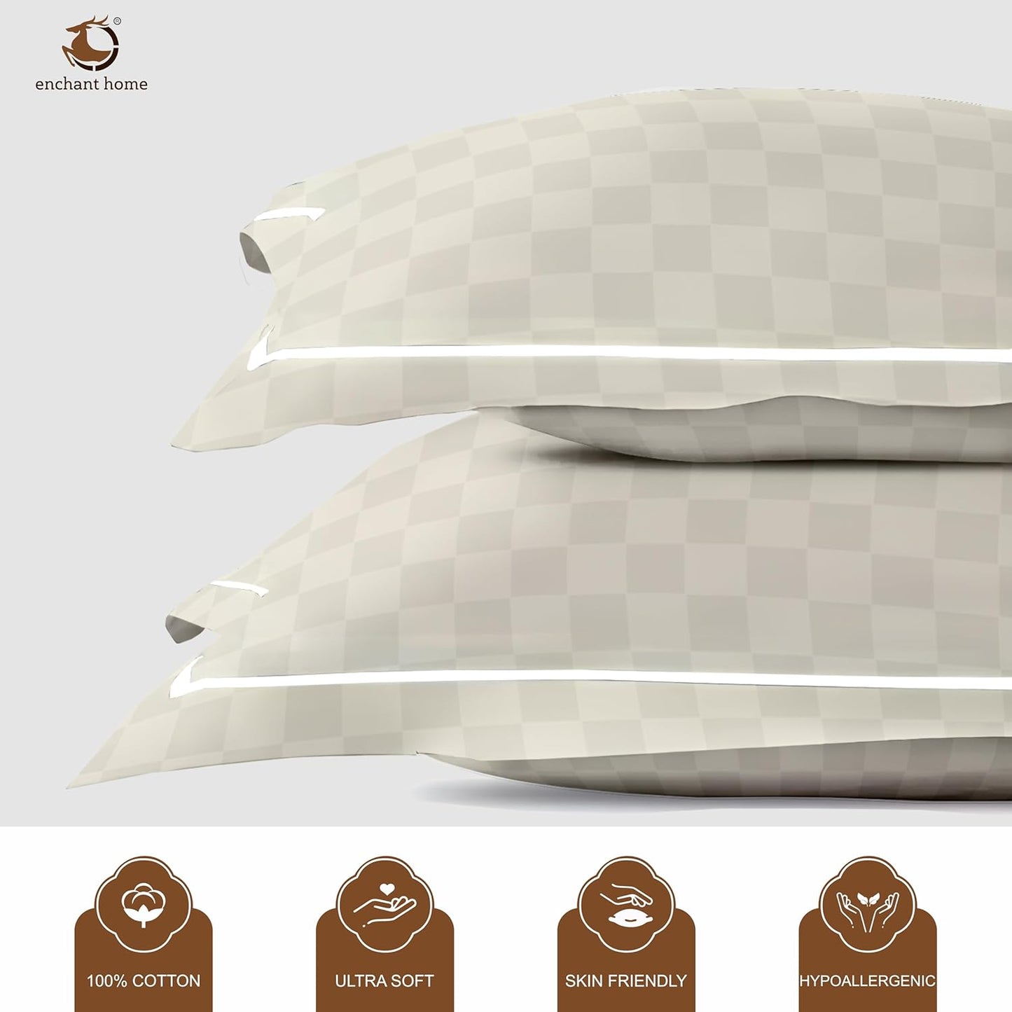 Pure Cotton 300 TC Checkered Pillow Cover Set - Ivory