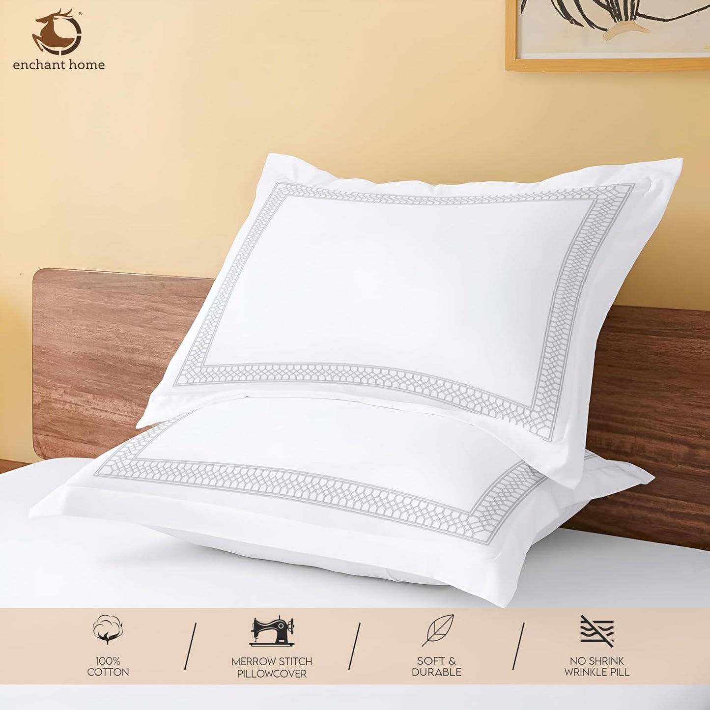 Pure Cotton 500 TC Premium Pillow Cover Set - Silver Lattice