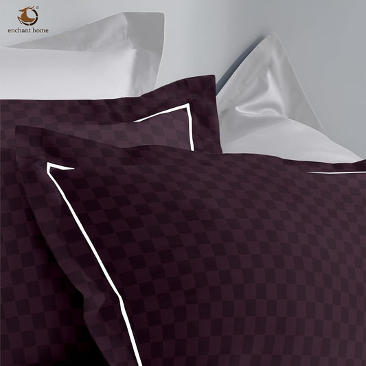 Pure Cotton 300 TC Checkered Pillow Cover Set - Wine