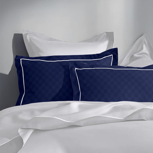 Pure Cotton 300 TC Checkered Pillow Cover Set - Navy Blue