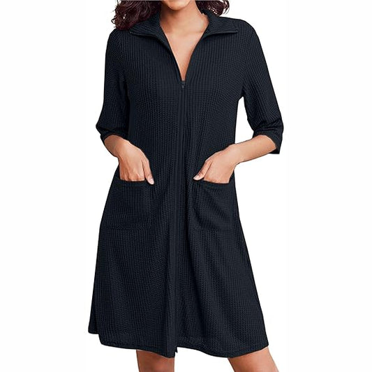 Pure Cotton Waffle Knit Zipper Bathrobes for Women - Charcoal