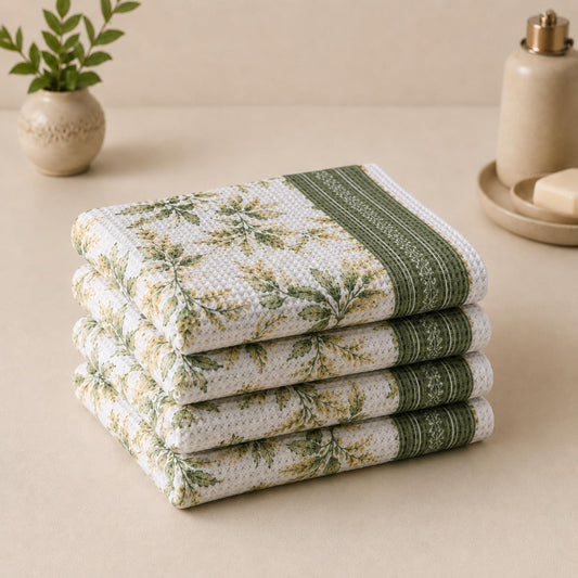 Pure Cotton Printed Waffle Hand Towel - Sage Botanical