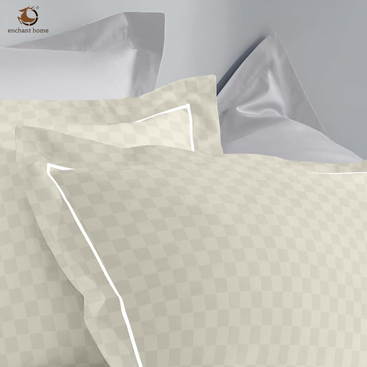 Pure Cotton 300 TC Checkered Pillow Cover Set - Ivory