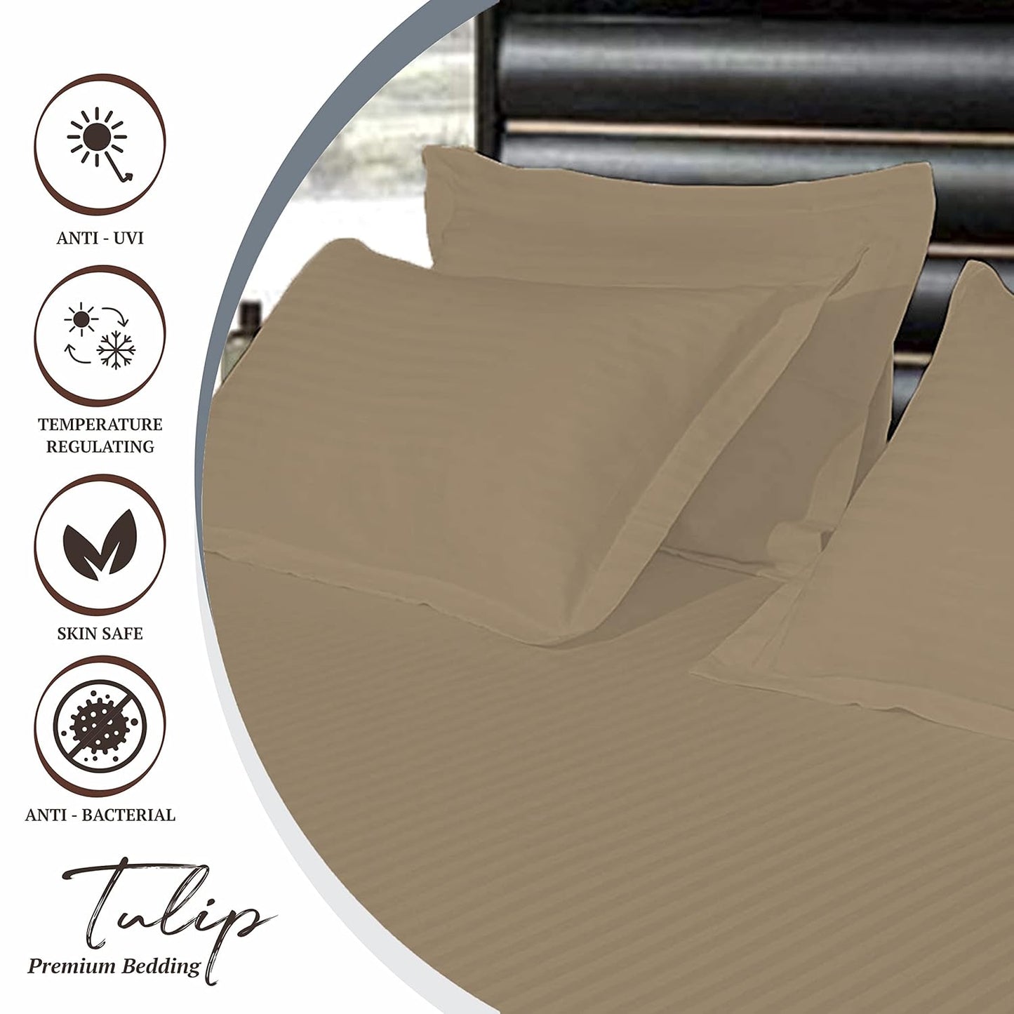Pure Cotton Pillow Covers with Satin Stripe - Khaki