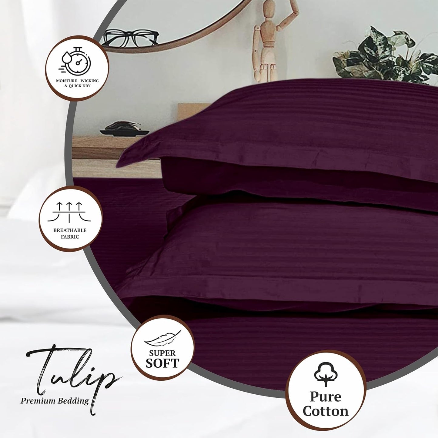 Pure Cotton Pillow Covers with Satin Stripe - Wine