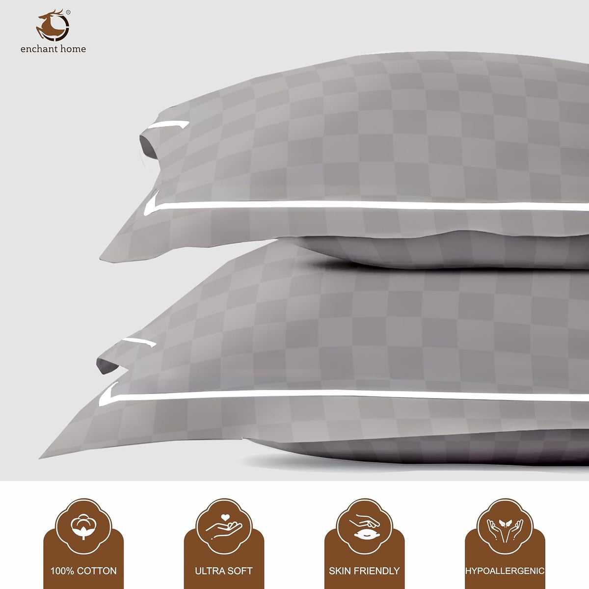 Pure Cotton 300 TC Checkered Pillow Cover Set - Silver