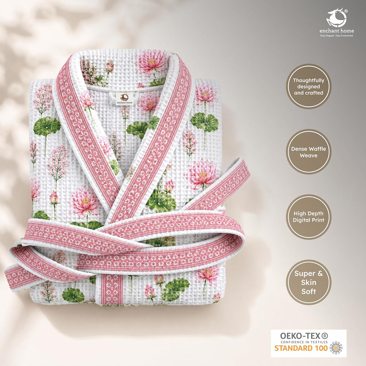 Premium Print Cotton Rich Waffle Robe for Men & Women - Lotus Serene