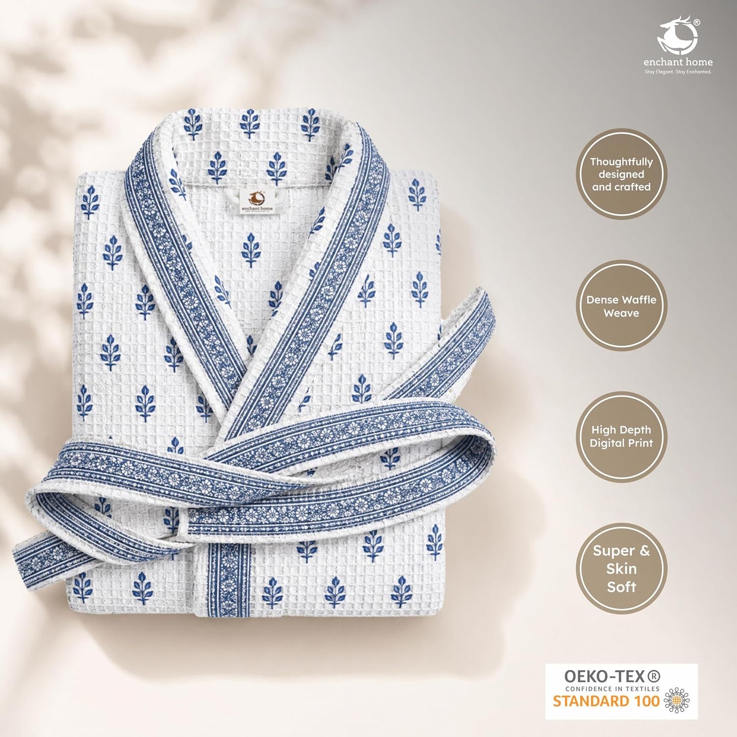 Premium Print Cotton Rich Waffle Robe for Men & Women - Indigo Buti