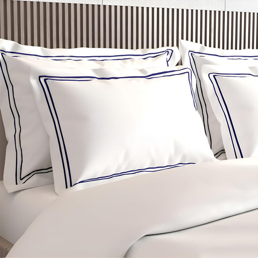 Pure Cotton 500 TC Premium Pillow Cover Set - White-Navy Blue