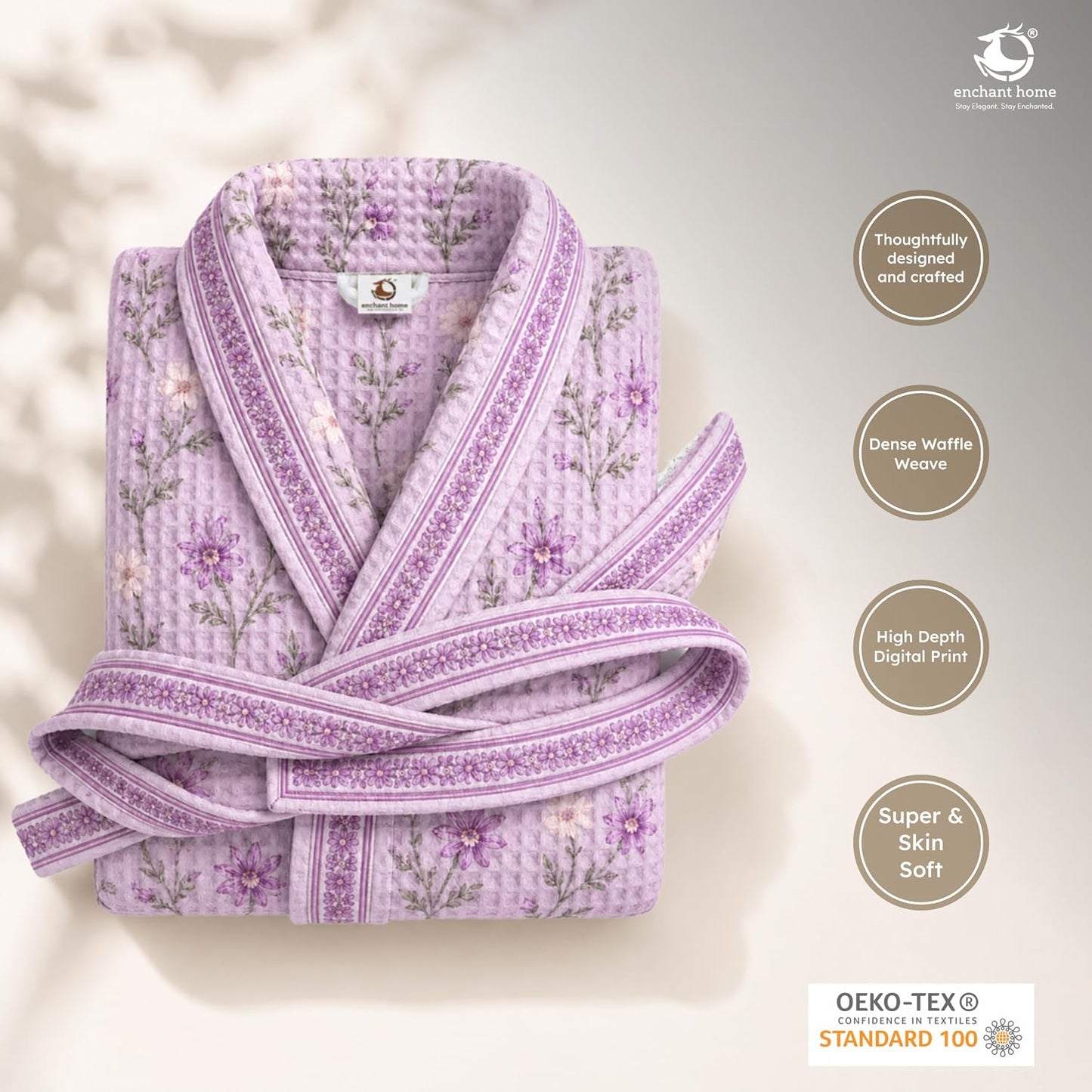 Premium Print Cotton Rich Waffle Robe for Men & Women - Lilac Bloom